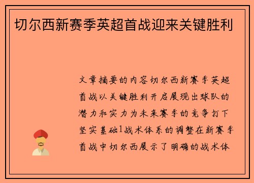 切尔西新赛季英超首战迎来关键胜利